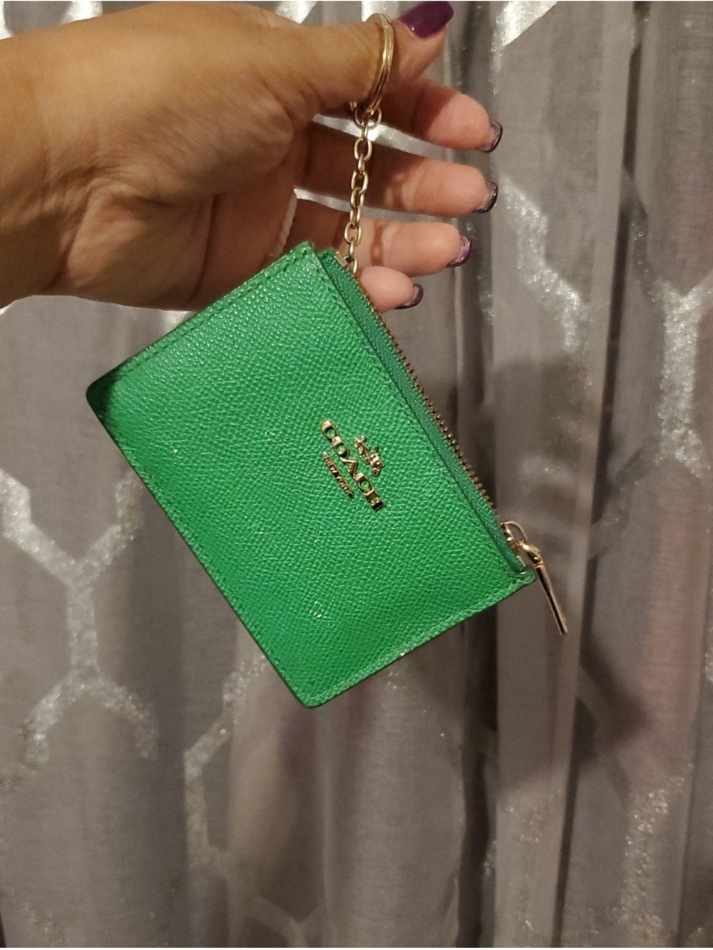 Coach Green Leather Zip Card & Key Holder with Gold Chain